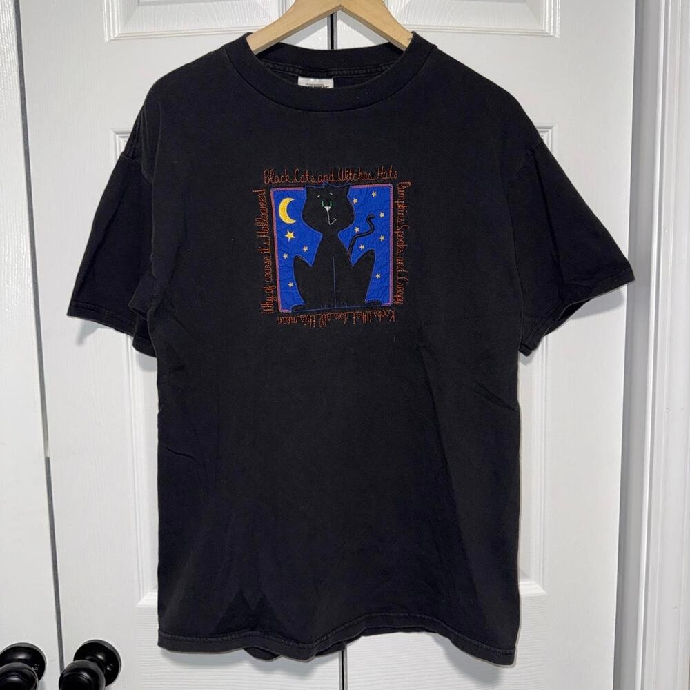 Vintage 1990s tultex halloween black cat embroidered shirt size large